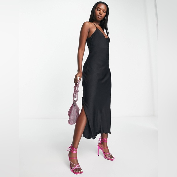 asos design cami maxi slip dress ASOS DESIGN cami maxi slip dress in high shine in satin with lace up back